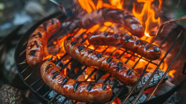 Hot and tasty sausages cooking over a fire on a grill