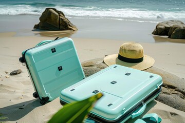 A relaxing beach scene with two mint green suitcases and a straw hat, capturing the essence of a serene summer vacation.