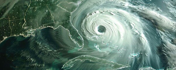 Wall Mural - A powerful hurricane captured from space, showing the storm's eye and its expansive swirling clouds over coastal regions.