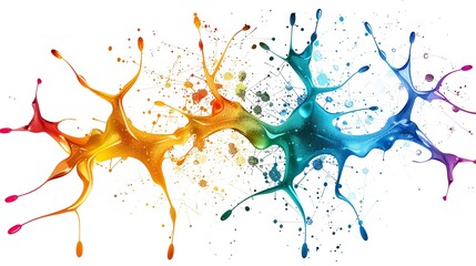 Poster - Colorful abstract splatter art on white background, showcasing a vibrant blend of orange, yellow, green, and blue hues in dynamic and fluid shapes.