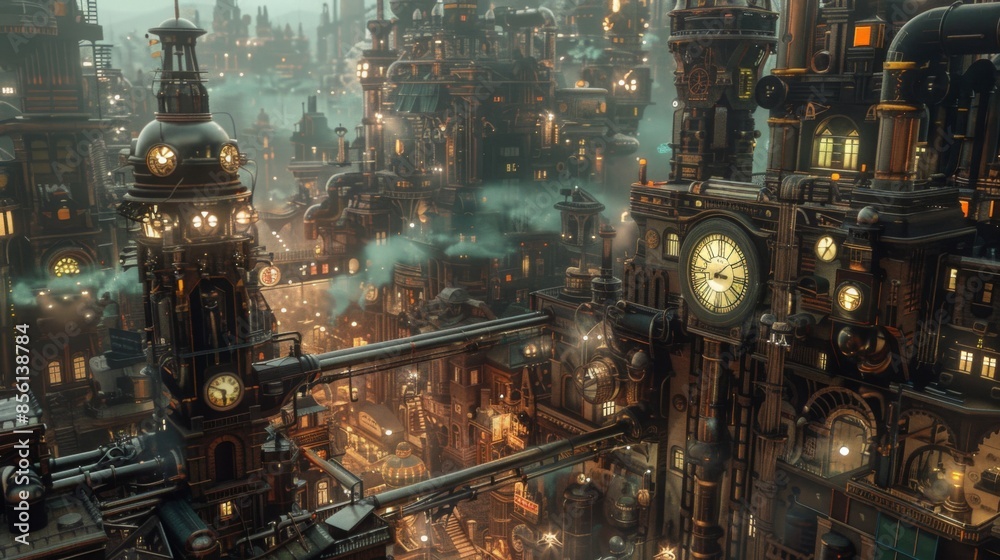 Complex steampunk city featuring towering clock towers and industrial ...