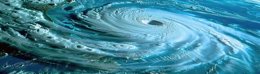 Wall Mural - A powerful hurricane with its eye visible over the ocean, showcasing the intense rotation and scale of the storm from a satellite perspective.