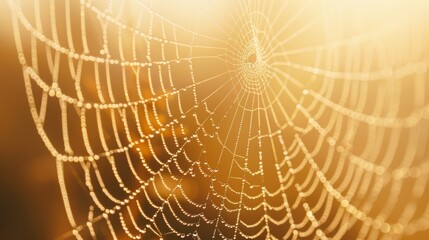 Vibrant close-up of a spider web with morning dew against an orange bokeh background, highlighting the intricate beauty of nature in a warm, ethereal setting.