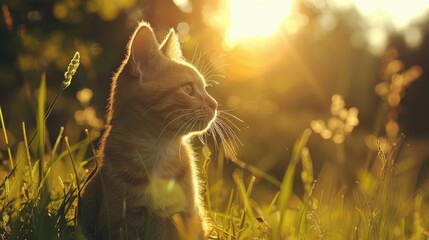 Wall Mural - Cat in the sun on grassy field