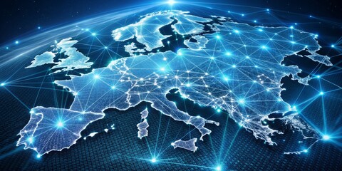 Poster - A map of Europe with a blue background and a lot of lights