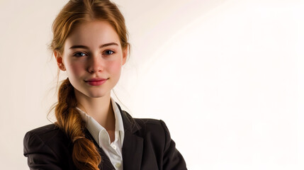 Wall Mural - Girl in suit in studio on white background with empty space.