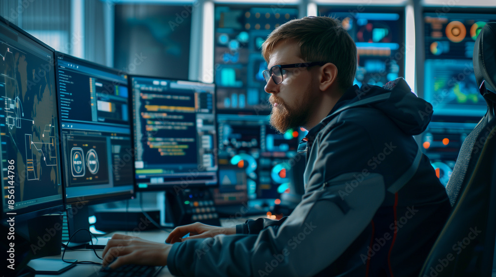 Focused programmer working on multiple monitors in a dimly lit room ...