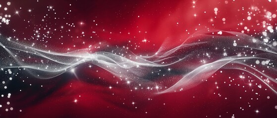 Wall Mural - A red and white background with a wave of glittery stars. Digital particles wave and light abstract background