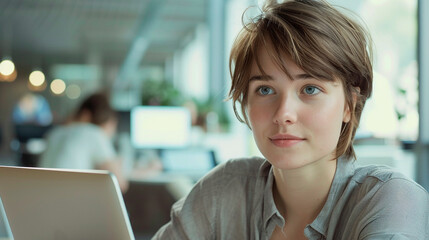 Wall Mural - A young professional woman with short hair working on a laptop in a modern office, looking focused