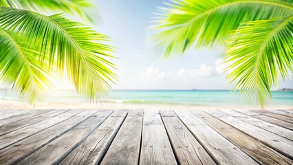 Wall Mural - Empty wooden table and palm leaves with party on beach blurred background in summer time