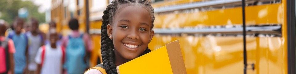 Portrait of an African Girl Student Holding a Blank Yellow Signboard in a School Campus Outdoor Activity Summer Camp. Standing in Front of a School Bus with Blurred Background of Many Boys and Girls. 