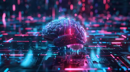 Poster - Futuristic digital brain representing artificial intelligence and technology with neon lights and circuit board background.