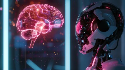Poster - Futuristic AI concept showing a robotic head observing a glowing human brain, representing advanced technology and artificial intelligence.