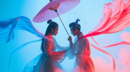 Pair of artists in traditional chinese attire performing a romantic scene with vibrant umbrellas and flowing silk garments