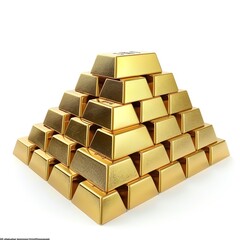 A pyramid stack of shining gold bars isolated on a white background, representing wealth, investment, and luxury.