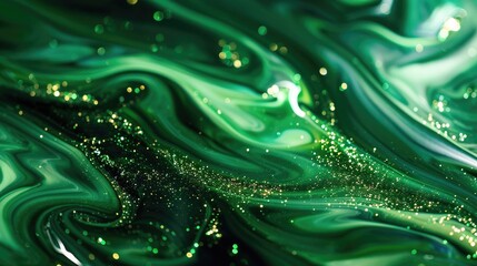 Poster - Shimmery Green Abstract Background with Acrylic Paints and Glitter in Liquid Ripple and Wave Effects on Green Shiny Surface