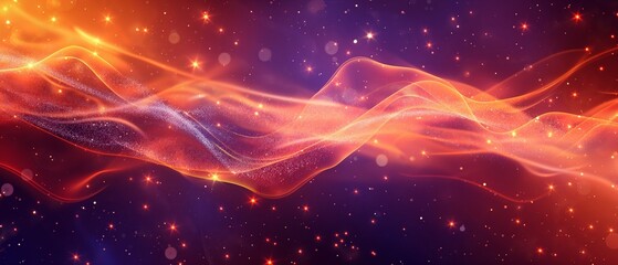 Wall Mural - A purple and orange wave of light with a lot of stars. Digital particles wave and light abstract background