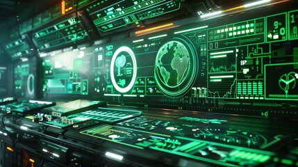 Poster - Futuristic control room with glowing digital interfaces and graphs, showcasing advanced technology and data analysis tools.
