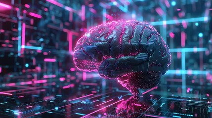 Poster - Futuristic digital brain in a high-tech virtual environment with neon lights. Concept of artificial intelligence and advanced technology.