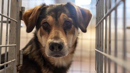 Sticker - Dog in animal shelter waiting for adoption. Portrait of homeless dog in animal shelter cage