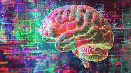Poster - Digital rendering of a human brain with colorful neural connections and futuristic elements, representing AI and neural networks.