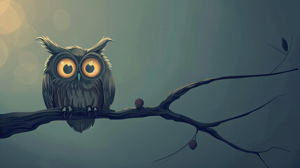 Wall Mural - I imagined an image of an owl perched on a branch against the backdrop of a nighttime sky