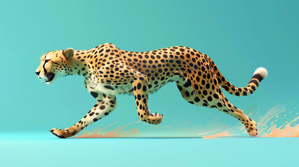 Wall Mural - Spunky cartoon cheetah running at top speed on isolate blue background