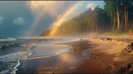 Poster - Rainbow over the forest and beach, morning sunlight. Generative AI.