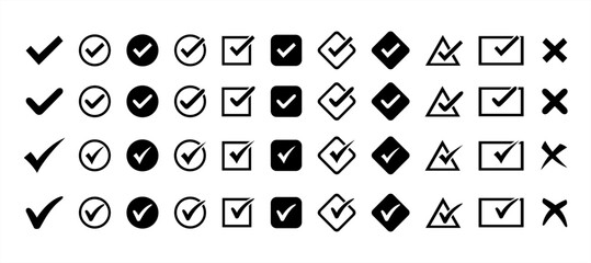 Black check mark and red cross icon set. Circle, rectangle, triangle and square. Tick symbol in black color, vector illustration