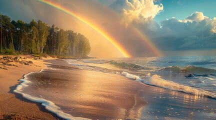 Poster - Rainbow over the forest and beach, morning sunlight. Generative AI.
