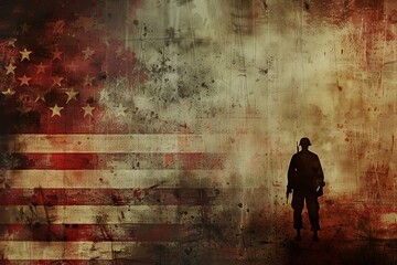 American soldier silhouette against digitally generated american flag in grunge effect
