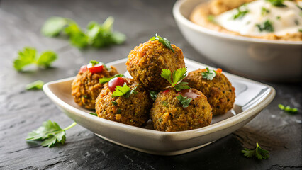 Poster - Plato de falafel con salsa de yogur. Cuenco blanco de faláfeles dispuestos en una pirámide. Falafel recién hecho con salsa. 