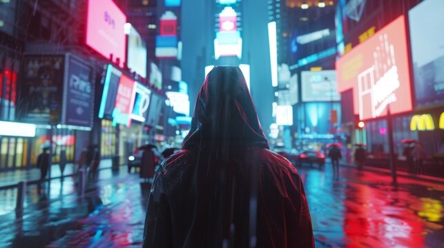 City in virtual reality, one man walking cyberpunk city street in neon lights