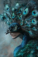 Sticker -  A tight shot of a peacock's head adorned with feathers, nearby, a woman faces a blue-wallpapered wall