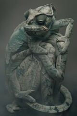 Wall Mural -  A tight shot of a lizard statue, its humanoid rider perched atop its back One foot rests on the statue's head