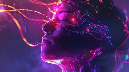Poster - Futuristic digital art of a person's face illuminated with vibrant neon lights and circuits, embodying the connection between technology and humanity.
