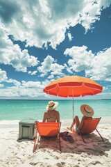 Wall Mural -  A couple relaxes on a sandy beach, beneath an orange umbrella Above, a blue sky is dotted with white clouds They are seated on beach chairs with a cooler