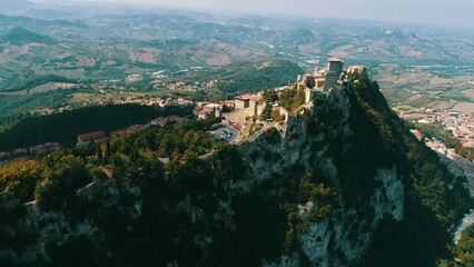 Canvas Print - Aerial view of San Marino  also known as the Most Serene Republic of San Marino an enclaved microstate surrounded by Italy, situated on the Italian Peninsula on the northeastern side of the Apennines