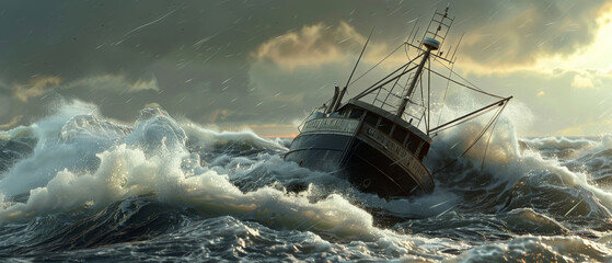 A fishing boat battles fierce waves under an ominous sky, dramatizing the intense struggle of man versus nature at sea.