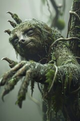 Wall Mural -  A tight shot of a stuffed animal in a tree, moss covering its face and hands Eyes closed, mouth agape, eyes wide open