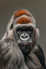 Wall Mural -  A tight shot of a gorilla's face with a red head against a white background The rest of its body, black in color, is contrasted by a gray background
