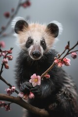 Wall Mural -  A tight shot of a small animal perched on a tree branch, adorned with flowers in the near foreground Gray backdrop of sky with scattering clouds in the foreground