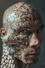 Wall Mural -  A man's face, closely detailed, bears a snake skin texture integrated into it