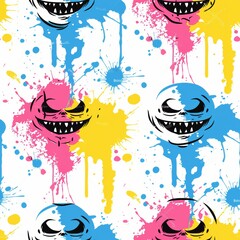 Cute zombie faces halloween background in pink, blue, yellow for design and print