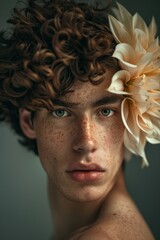 Wall Mural -  A young man with freckled hair and a flower in it, sporting freckles on his face