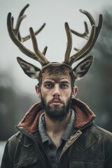 Wall Mural -  A man dons a deer skull cap adorned with antlers, stood before a foggy backdrop