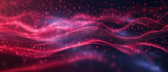 Wall Mural - A purple and red wave with a lot of sparkles. Digital particles wave and light abstract background