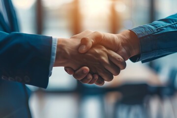 Close up businessmen shaking hands to finalize corporate deal in a business meeting