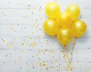 Stpatrick s day card mockup with yellow balloons and confetti on white wooden background