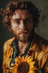 Wall Mural -  A tight shot of a person in a leather jacket, holding a sunflower in his right hand, and gazing seriously into the camera